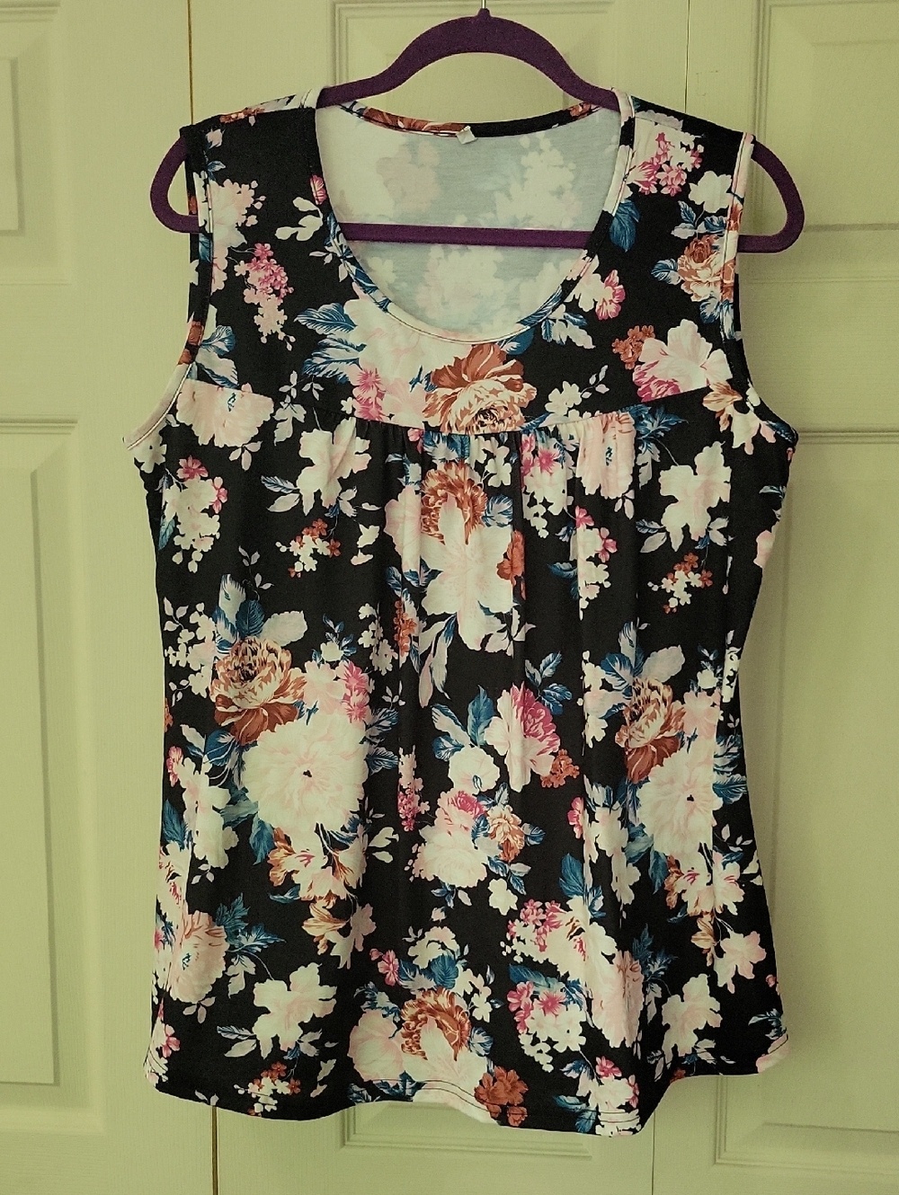 Women's Floral Sleeveless Top - Black with Pink & Blue Flowers